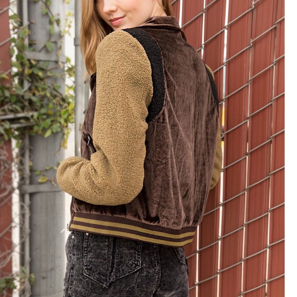 Velvet Sherpa Contrast Moto Jacket Brown - Picture 4 of 7